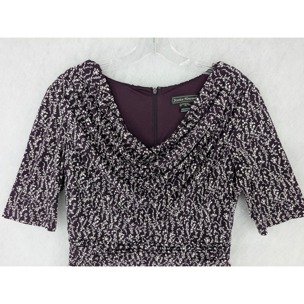 Jessica Howard Womens 10 Purple Floral Vine Cowl Neck Ruched‎ Waist Flare Dress - Picture 3 of 8